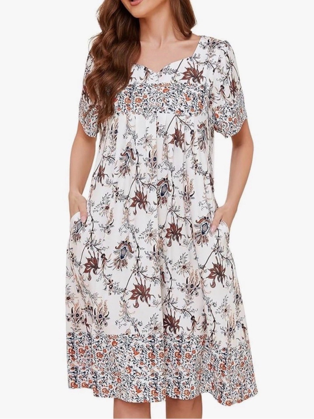 Women’s Crispín Floral Short Sleeve Dress in White and Brown pockets XL